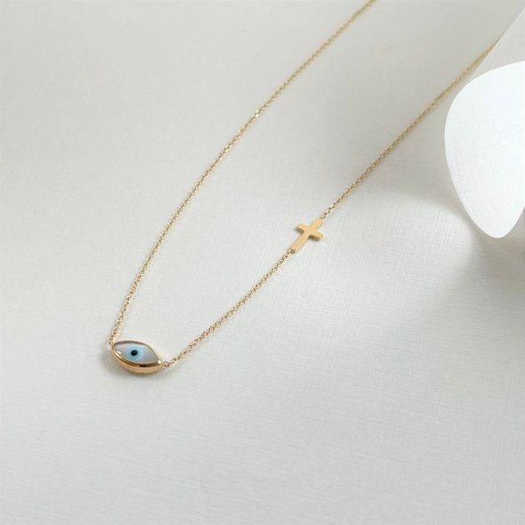 Κολιέ με ματάκι και σταυρό - ΚΙΤΡΙΝΟ, ΧΡΥΣΟΣ K9, ΓΥΑΛΙΣΤΕΡΟ, MOTHER OF PEARL