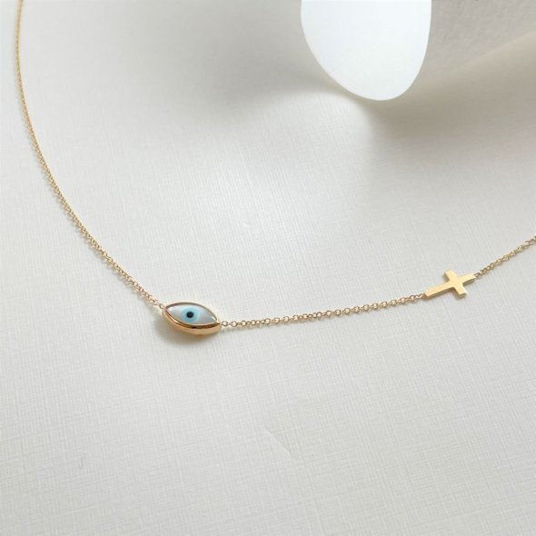 Κολιέ με ματάκι και σταυρό - ΚΙΤΡΙΝΟ, ΧΡΥΣΟΣ K9, ΓΥΑΛΙΣΤΕΡΟ, MOTHER OF PEARL - 1