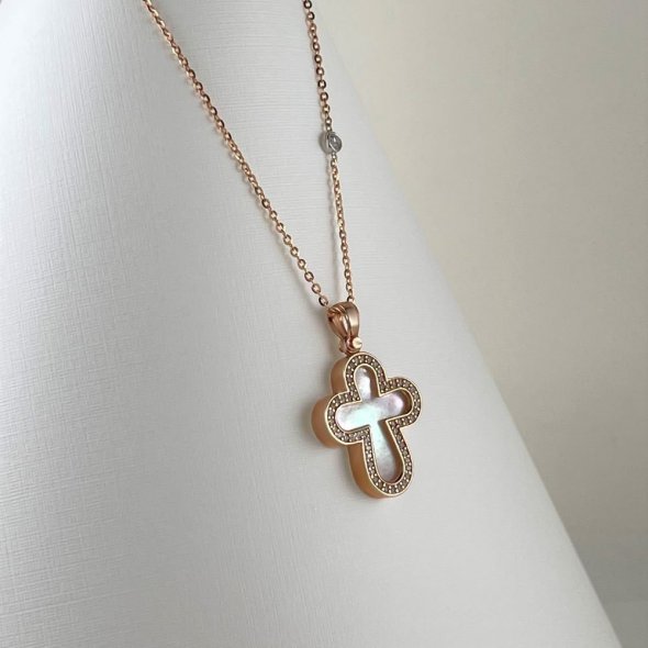 Σταυρός στρογγυλεμένος με φίλντισι - ΡΟΖ, ΧΡΥΣΟΣ K14, ΓΥΑΛΙΣΤΕΡΟ, MOTHER OF PEARL, WHITE, ΖΙΡΓΚΟΝ, WHITE