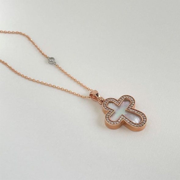 Σταυρός στρογγυλεμένος με φίλντισι - ΡΟΖ, ΧΡΥΣΟΣ K14, ΓΥΑΛΙΣΤΕΡΟ, MOTHER OF PEARL, WHITE, ΖΙΡΓΚΟΝ, WHITE - 2