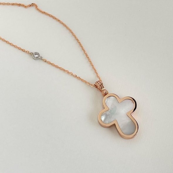 Σταυρός στρογγυλεμένος με φίλντισι - ΡΟΖ, ΧΡΥΣΟΣ K14, ΓΥΑΛΙΣΤΕΡΟ, MOTHER OF PEARL, WHITE, ΖΙΡΓΚΟΝ, WHITE - 1