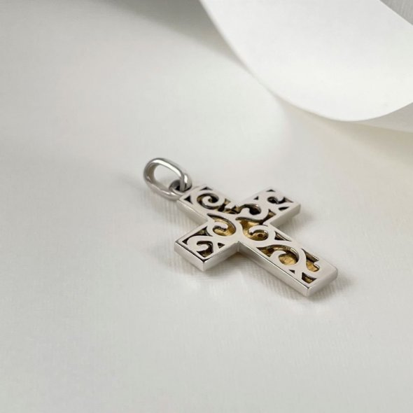 Σταυρός δίχρωμος, σφυρήλατος, με λαμπερά ζιργκόν - ΚΙΤΡΙΝΟ-ΛΕΥΚΟ, ΧΡΥΣΟΣ K14, ΣΦΥΡΗΛΑΤΟ, ΖΙΡΓΚΟΝ, WHITE - 3