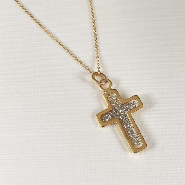 Σταυρός δίχρωμος με πλέγμα στο κέντρο - ΚΙΤΡΙΝΟ-ΛΕΥΚΟ, ΧΡΥΣΟΣ K18, ΓΥΑΛΙΣΤΕΡΟ - 1