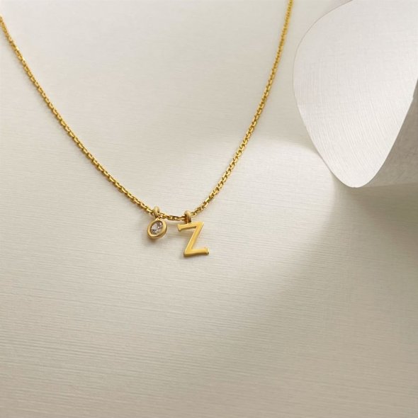 Κολιέ με μονόγραμμα Ζ και μικρό κρεμαστό ζιργκόν - ΚΙΤΡΙΝΟ, ΑΣΗΜΙ, ΓΥΑΛΙΣΤΕΡΟ, ΖΙΡΓΚΟΝ, WHITE