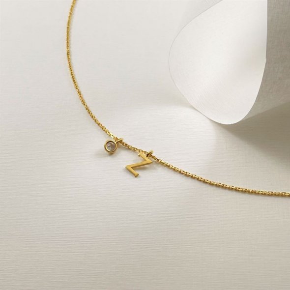 Κολιέ με μονόγραμμα Ζ και μικρό κρεμαστό ζιργκόν - ΚΙΤΡΙΝΟ, ΑΣΗΜΙ, ΓΥΑΛΙΣΤΕΡΟ, ΖΙΡΓΚΟΝ, WHITE - 1