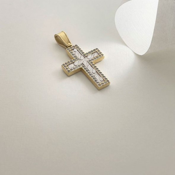 Σταυρός δίχρωμος με ζιργκόν - ΚΙΤΡΙΝΟ-ΛΕΥΚΟ, ΧΡΥΣΟΣ K14, ΓΥΑΛΙΣΤΕΡΟ, ΖΙΡΓΚΟΝ, WHITE