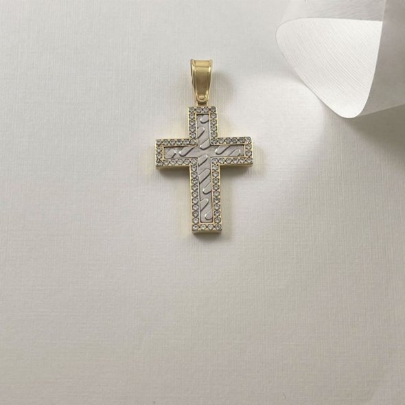 Σταυρός δίχρωμος με ζιργκόν - ΚΙΤΡΙΝΟ-ΛΕΥΚΟ, ΧΡΥΣΟΣ K14, ΓΥΑΛΙΣΤΕΡΟ, ΖΙΡΓΚΟΝ, WHITE - 1