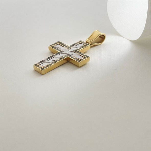 Σταυρός δίχρωμος με ζιργκόν - ΚΙΤΡΙΝΟ-ΛΕΥΚΟ, ΧΡΥΣΟΣ K14, ΓΥΑΛΙΣΤΕΡΟ, ΖΙΡΓΚΟΝ, WHITE - 2