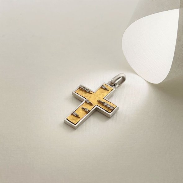 Σταυρός δίχρωμος, σφυρήλατος, με λαμπερά ζιργκόν - ΚΙΤΡΙΝΟ-ΛΕΥΚΟ, ΧΡΥΣΟΣ K14, ΣΦΥΡΗΛΑΤΟ, ΖΙΡΓΚΟΝ, WHITE