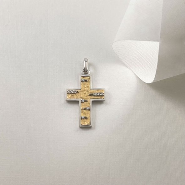 Σταυρός δίχρωμος, σφυρήλατος, με λαμπερά ζιργκόν - ΚΙΤΡΙΝΟ-ΛΕΥΚΟ, ΧΡΥΣΟΣ K14, ΣΦΥΡΗΛΑΤΟ, ΖΙΡΓΚΟΝ, WHITE - 1