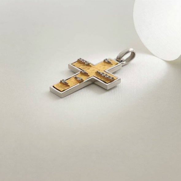 Σταυρός δίχρωμος, σφυρήλατος, με λαμπερά ζιργκόν - ΚΙΤΡΙΝΟ-ΛΕΥΚΟ, ΧΡΥΣΟΣ K14, ΣΦΥΡΗΛΑΤΟ, ΖΙΡΓΚΟΝ, WHITE - 2
