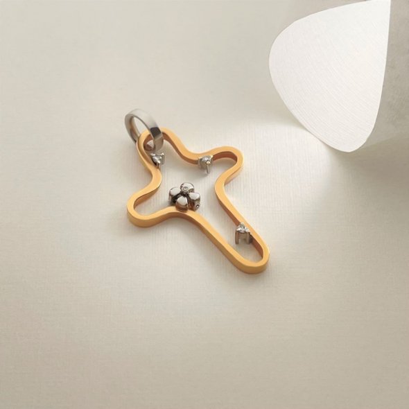 Σταυρός δίχρωμος με διαμάντια - ΚΙΤΡΙΝΟ-ΛΕΥΚΟ, ΧΡΥΣΟΣ K18, ΓΥΑΛΙΣΤΕΡΟ, ΔΙΑΜΑΝΤΙ, 0,06