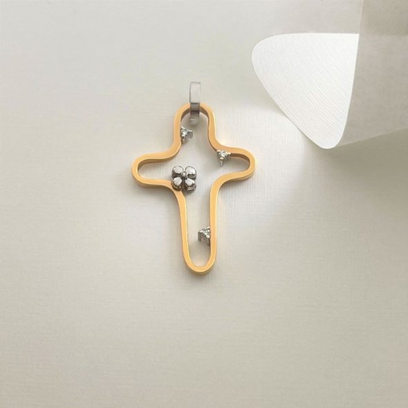 Σταυρός δίχρωμος με διαμάντια - ΡΟΖ-ΛΕΥΚΟ, ΧΡΥΣΟΣ K18, ΓΥΑΛΙΣΤΕΡΟ, ΔΙΑΜΑΝΤΙ, 0,06 - 1