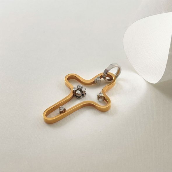 Σταυρός δίχρωμος με διαμάντια - ΡΟΖ-ΛΕΥΚΟ, ΧΡΥΣΟΣ K18, ΓΥΑΛΙΣΤΕΡΟ, ΔΙΑΜΑΝΤΙ, 0,06 - 2