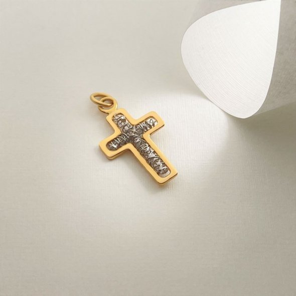 Σταυρός δίχρωμος με πλέγμα στο κέντρο - ΚΙΤΡΙΝΟ-ΛΕΥΚΟ, ΧΡΥΣΟΣ K18, ΓΥΑΛΙΣΤΕΡΟ