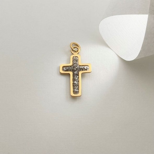 Σταυρός δίχρωμος με πλέγμα στο κέντρο - ΚΙΤΡΙΝΟ-ΛΕΥΚΟ, ΧΡΥΣΟΣ K18, ΓΥΑΛΙΣΤΕΡΟ - 1