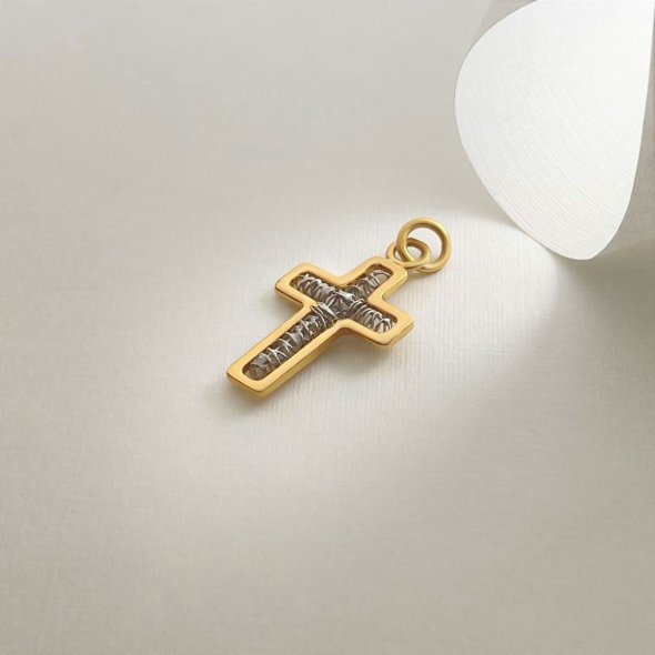 Σταυρός δίχρωμος με πλέγμα στο κέντρο - ΚΙΤΡΙΝΟ-ΛΕΥΚΟ, ΧΡΥΣΟΣ K18, ΓΥΑΛΙΣΤΕΡΟ - 2