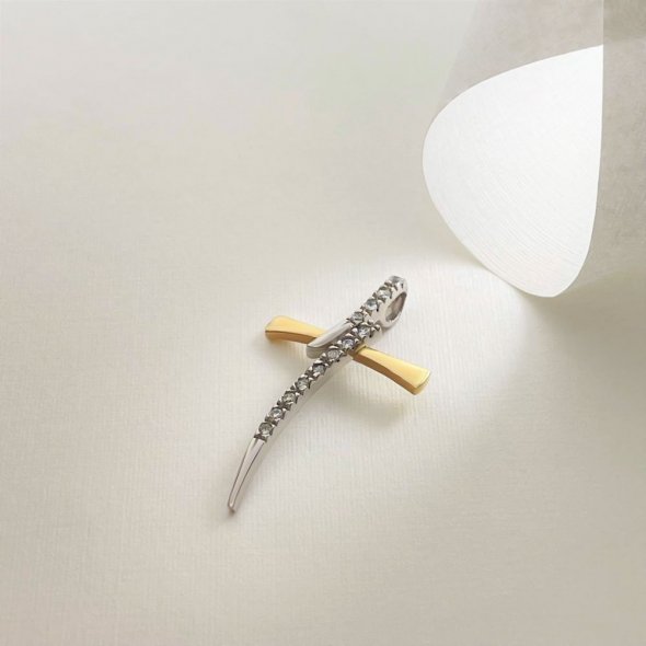 Σταυρός δίχρωμος με ιδιαίτερο σχεδιασμό και ζιργκόν - ΚΙΤΡΙΝΟ-ΛΕΥΚΟ, ΧΡΥΣΟΣ K14, ΓΥΑΛΙΣΤΕΡΟ, ΖΙΡΓΚΟΝ, WHITE - 2