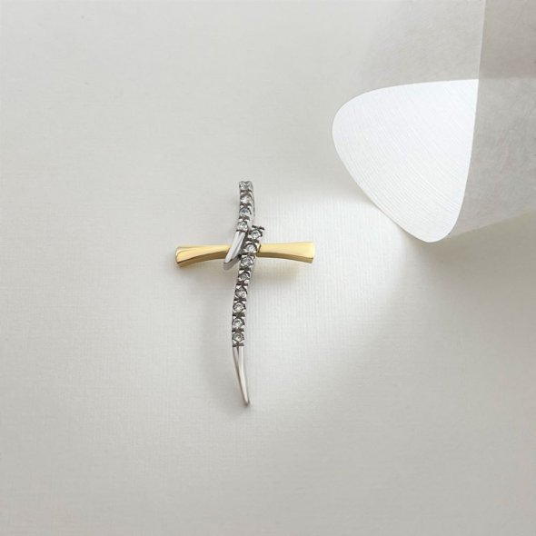 Σταυρός δίχρωμος με ιδιαίτερο σχεδιασμό και ζιργκόν - ΚΙΤΡΙΝΟ-ΛΕΥΚΟ, ΧΡΥΣΟΣ K14, ΓΥΑΛΙΣΤΕΡΟ, ΖΙΡΓΚΟΝ, WHITE - 1