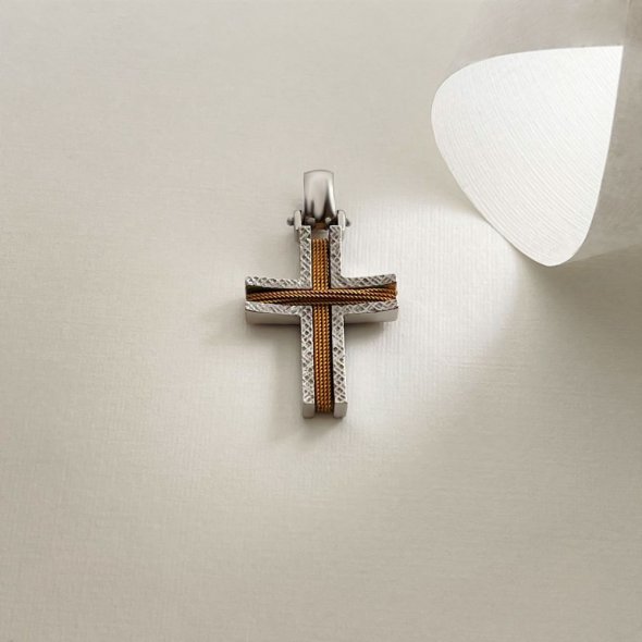 Σταυρός δίχρωμος με τυλισμένο σύρμα - ΚΙΤΡΙΝΟ-ΛΕΥΚΟ, ΧΡΥΣΟΣ K14, ΜΑΤ-ΓΥΑΛΙΣΤΕΡΟ - 1