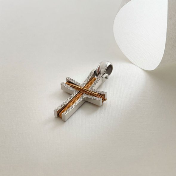 Σταυρός δίχρωμος με τυλισμένο σύρμα - ΚΙΤΡΙΝΟ-ΛΕΥΚΟ, ΧΡΥΣΟΣ K14, ΜΑΤ-ΓΥΑΛΙΣΤΕΡΟ - 2