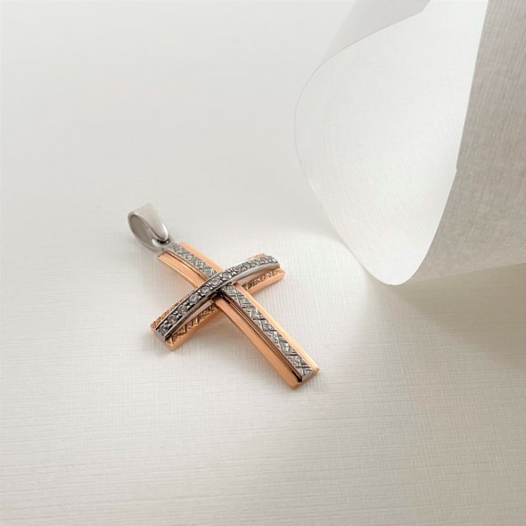 Σταυρός δίχρωμος - ΡΟΖ-ΛΕΥΚΟ, ΧΡΥΣΟΣ K14, ΖΙΡΓΚΟΝ, WHITE