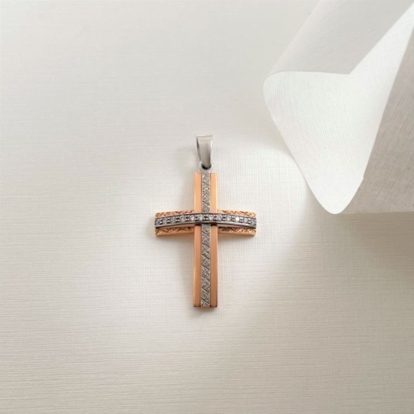 Σταυρός δίχρωμος - ΡΟΖ-ΛΕΥΚΟ, ΧΡΥΣΟΣ K14, ΖΙΡΓΚΟΝ, WHITE - 1