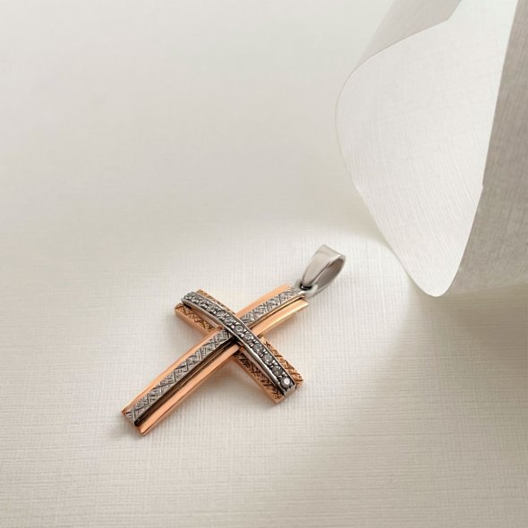 Σταυρός δίχρωμος - ΡΟΖ-ΛΕΥΚΟ, ΧΡΥΣΟΣ K14, ΖΙΡΓΚΟΝ, WHITE - 2