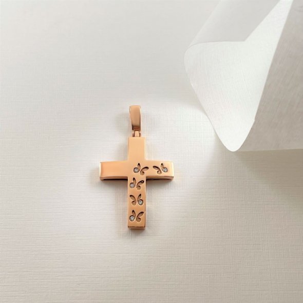 Σταυρός με πεταλούδες και ζιργκόν - ΡΟΖ, ΧΡΥΣΟΣ K14, ΓΥΑΛΙΣΤΕΡΟ, ΖΙΡΓΚΟΝ, WHITE - 1