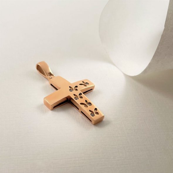 Σταυρός με πεταλούδες και ζιργκόν - ΡΟΖ, ΧΡΥΣΟΣ K14, ΓΥΑΛΙΣΤΕΡΟ, ΖΙΡΓΚΟΝ, WHITE - 2