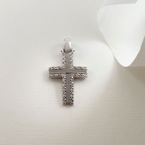 Σταυρός με σχήμα σύρματος και ζιργκόν - ΛΕΥΚΟ, ΧΡΥΣΟΣ K14, ΓΥΑΛΙΣΤΕΡΟ, ΖΙΡΓΚΟΝ, WHITE - 1