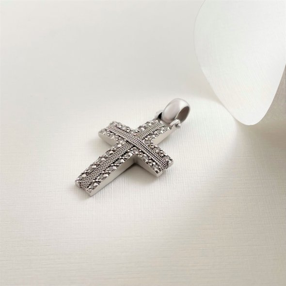 Σταυρός με σχήμα σύρματος και ζιργκόν - ΛΕΥΚΟ, ΧΡΥΣΟΣ K14, ΓΥΑΛΙΣΤΕΡΟ, ΖΙΡΓΚΟΝ, WHITE - 2