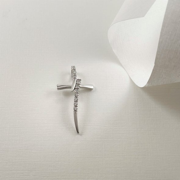 Σταυρός λευκόχρυσος με ιδιαίτερη λεπτή μορφή σπαθιού - ΛΕΥΚΟ, ΧΡΥΣΟΣ K14, ΓΥΑΛΙΣΤΕΡΟ, ΖΙΡΓΚΟΝ, WHITE - 1