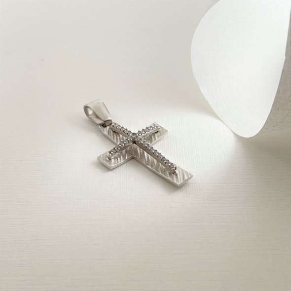 Σταυρός διπλός, με γραμμωτή ματ επεξεργασία και πέτρες - ΛΕΥΚΟ, ΧΡΥΣΟΣ K14, ΜΑΤ-ΓΥΑΛΙΣΤΕΡΟ, ΖΙΡΓΚΟΝ, WHITE