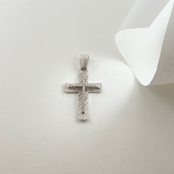 Σταυρός διπλός, με γραμμωτή ματ επεξεργασία και πέτρες - ΛΕΥΚΟ, ΧΡΥΣΟΣ K14, ΜΑΤ-ΓΥΑΛΙΣΤΕΡΟ, ΖΙΡΓΚΟΝ, WHITE - 1