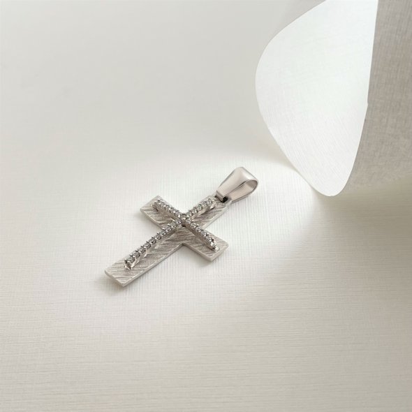 Σταυρός διπλός, με γραμμωτή ματ επεξεργασία και πέτρες - ΛΕΥΚΟ, ΧΡΥΣΟΣ K14, ΜΑΤ-ΓΥΑΛΙΣΤΕΡΟ, ΖΙΡΓΚΟΝ, WHITE - 2