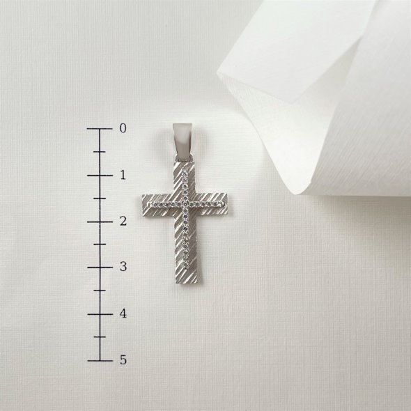 Σταυρός διπλός, με γραμμωτή ματ επεξεργασία και πέτρες - ΛΕΥΚΟ, ΧΡΥΣΟΣ K14, ΜΑΤ-ΓΥΑΛΙΣΤΕΡΟ, ΖΙΡΓΚΟΝ, WHITE - 4