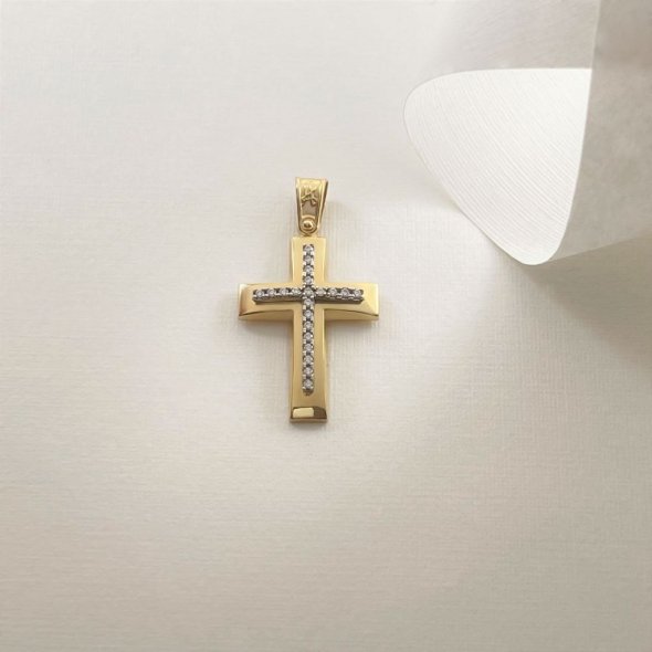 Σταυρός δίχρωμος με ζιργκον - ΚΙΤΡΙΝΟ-ΛΕΥΚΟ, ΧΡΥΣΟΣ K14, ΓΥΑΛΙΣΤΕΡΟ, ΖΙΡΓΚΟΝ, WHITE - 1