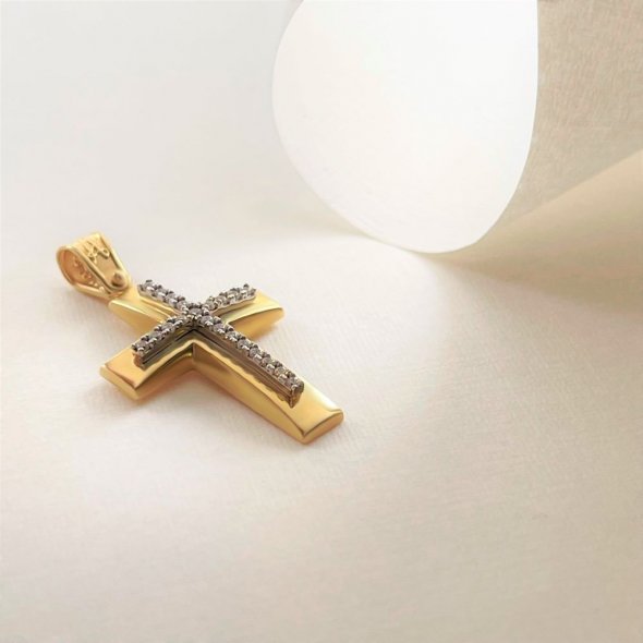 Σταυρός δίχρωμος με ζιργκον - ΚΙΤΡΙΝΟ-ΛΕΥΚΟ, ΧΡΥΣΟΣ K14, ΓΥΑΛΙΣΤΕΡΟ, ΖΙΡΓΚΟΝ, WHITE