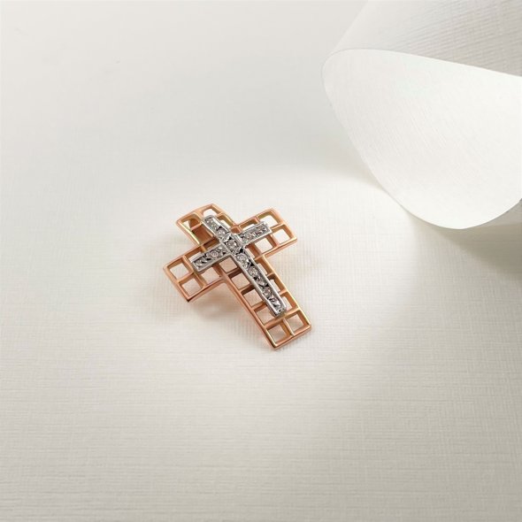 Σταυρός διάτρητος ροζ λευκός  - ΡΟΖ-ΛΕΥΚΟ, ΧΡΥΣΟΣ K14, ΓΥΑΛΙΣΤΕΡΟ, ΖΙΡΓΚΟΝ, WHITE