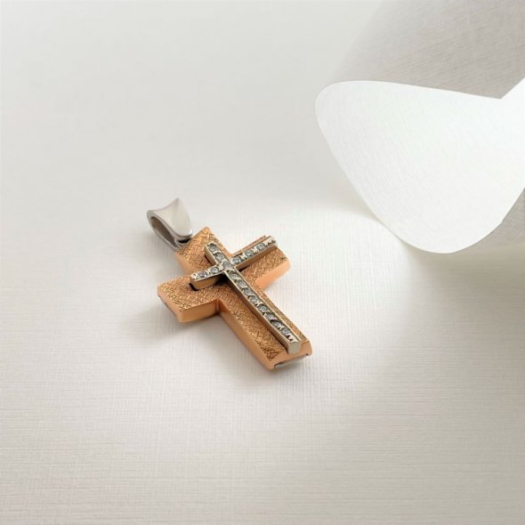 Σταυρός ροζ και λευκό χρυσό με λαμπερά ζιργκόν - ΡΟΖ-ΛΕΥΚΟ, ΧΡΥΣΟΣ K14, ΜΑΤ-ΓΥΑΛΙΣΤΕΡΟ, ΖΙΡΓΚΟΝ, WHITE