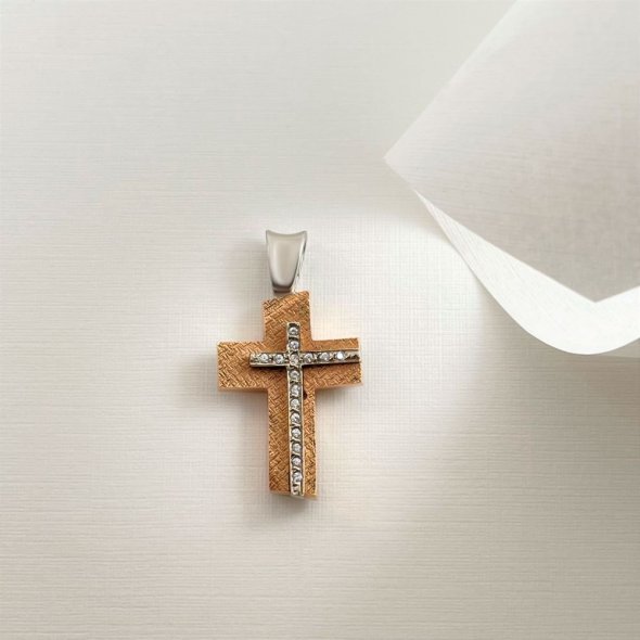 Σταυρός ροζ και λευκό χρυσό με λαμπερά ζιργκόν - ΡΟΖ-ΛΕΥΚΟ, ΧΡΥΣΟΣ K14, ΜΑΤ-ΓΥΑΛΙΣΤΕΡΟ, ΖΙΡΓΚΟΝ, WHITE - 1