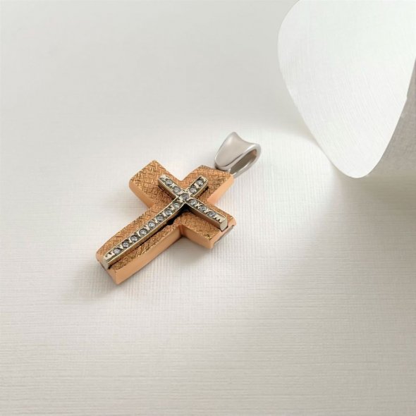 Σταυρός ροζ και λευκό χρυσό με λαμπερά ζιργκόν - ΡΟΖ-ΛΕΥΚΟ, ΧΡΥΣΟΣ K14, ΜΑΤ-ΓΥΑΛΙΣΤΕΡΟ, ΖΙΡΓΚΟΝ, WHITE - 2