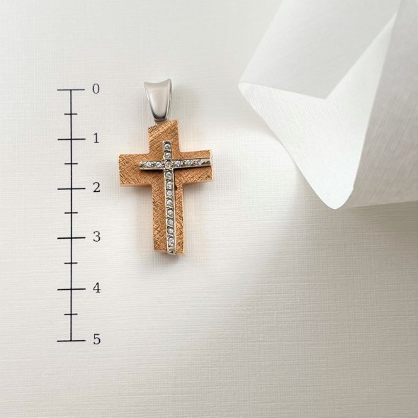 Σταυρός ροζ και λευκό χρυσό με λαμπερά ζιργκόν - ΡΟΖ-ΛΕΥΚΟ, ΧΡΥΣΟΣ K14, ΜΑΤ-ΓΥΑΛΙΣΤΕΡΟ, ΖΙΡΓΚΟΝ, WHITE - 4