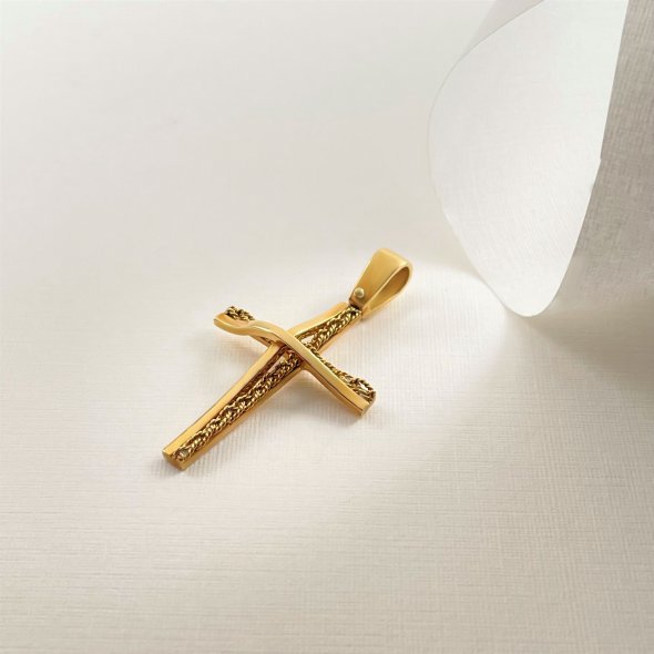 Σταυρός χειροποίητος με πλεκτό σύρμα χρυσού - ΚΙΤΡΙΝΟ, ΧΡΥΣΟΣ K18, ΜΑΤ-ΓΥΑΛΙΣΤΕΡΟ - 2