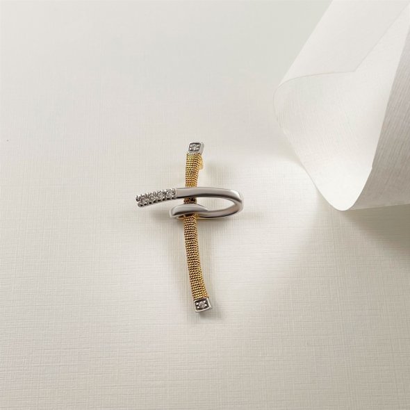 Σταυρός δίχρωμος με ζιργόν και τυλιγμένο σύρμα - ΚΙΤΡΙΝΟ-ΛΕΥΚΟ, ΧΡΥΣΟΣ K14, ΖΙΡΓΚΟΝ, WHITE - 1