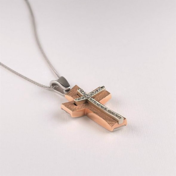 Σταυρός ροζ και λευκό χρυσό με λαμπερά ζιργκόν - ΡΟΖ-ΛΕΥΚΟ, ΧΡΥΣΟΣ K14, ΜΑΤ-ΓΥΑΛΙΣΤΕΡΟ, ΖΙΡΓΚΟΝ, WHITE - 3