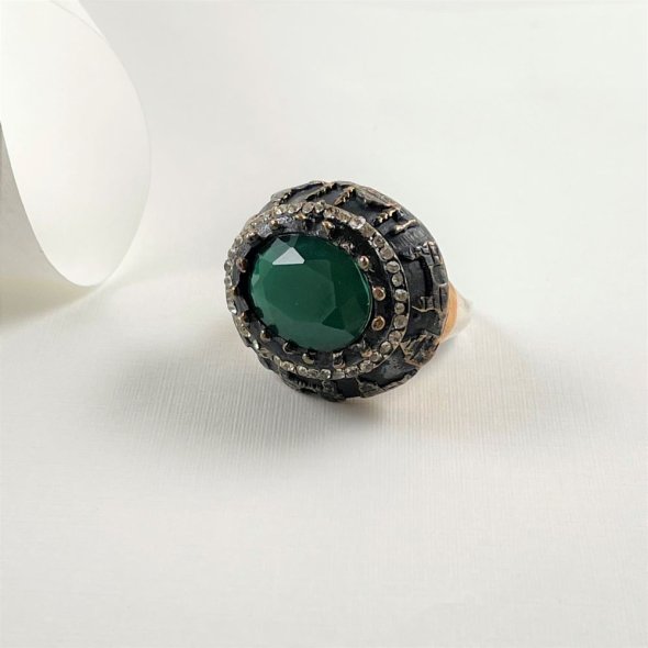 Δαχτυλίδι με πράσινο αχάτη - ΚΙΤΡΙΝΟ-ΛΕΥΚΟ, ΑΣΗΜΙ & ΜΠΡΟΥΝΤΖΟΣ, ΑΧΑΤΗΣ, GREEN , ΖΙΡΓΚΟΝ, WHITE - 1