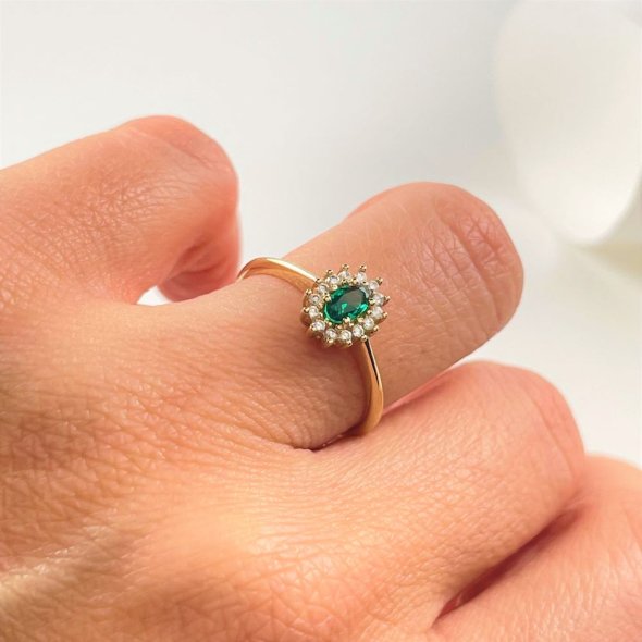 Δαχτυλίδι πράσινη ροζέτα - ΚΙΤΡΙΝΟ, ΧΡΥΣΟΣ K14, ΖΙΡΓΚΟΝ, GREEN , ΖΙΡΓΚΟΝ, WHITE
