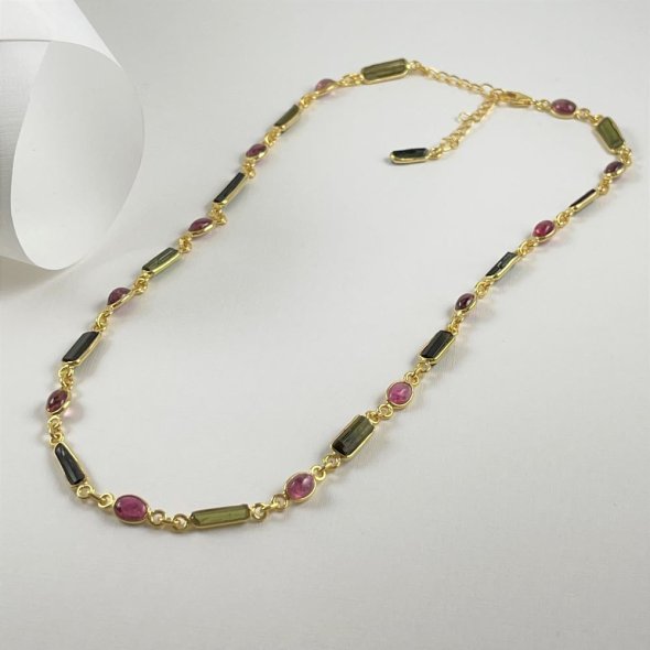 Κολιέ αλυσίδα απο κόκκινη και πράσινη τουρμαλίνη - ΚΙΤΡΙΝΟ, ΑΣΗΜΙ, ΤΟΥΡΜΑΛΙΝΗ, RUBY, ΤΟΥΡΜΑΛΙΝΗ, GREEN , 46cm